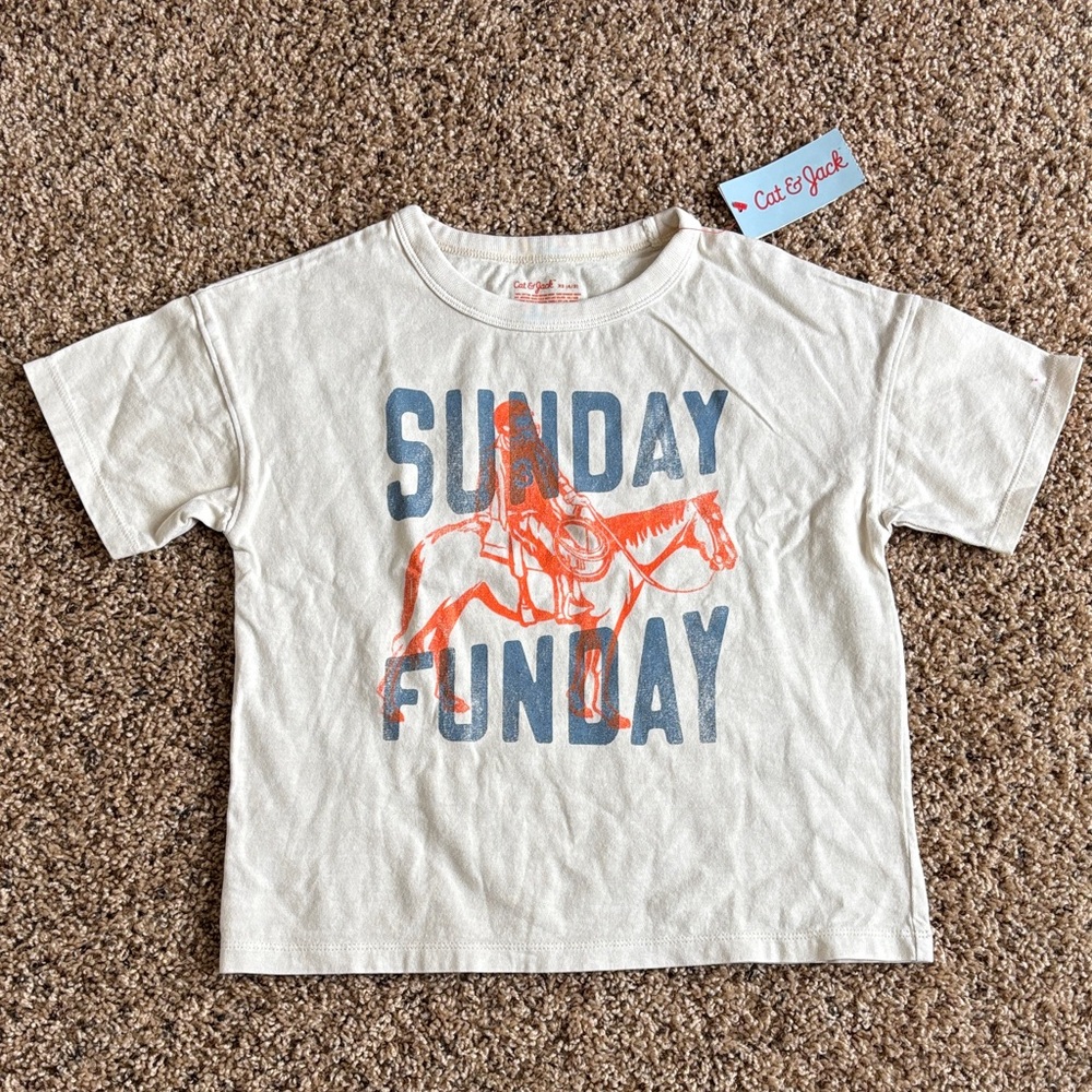 Cat & Jack Cotton Oversized Sunday Funday Beige Crewneck Short Sleeve Size XS